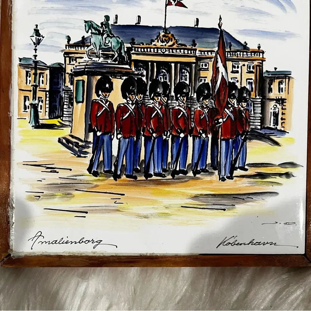 Vintage Hand Painted Denmark Ceramic Art Tile 1965 Amalienborg Copenhagen Framed